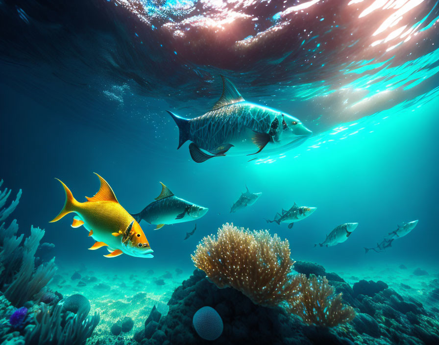 Colorful Fish and Coral Reef in Sunlit Underwater Scene