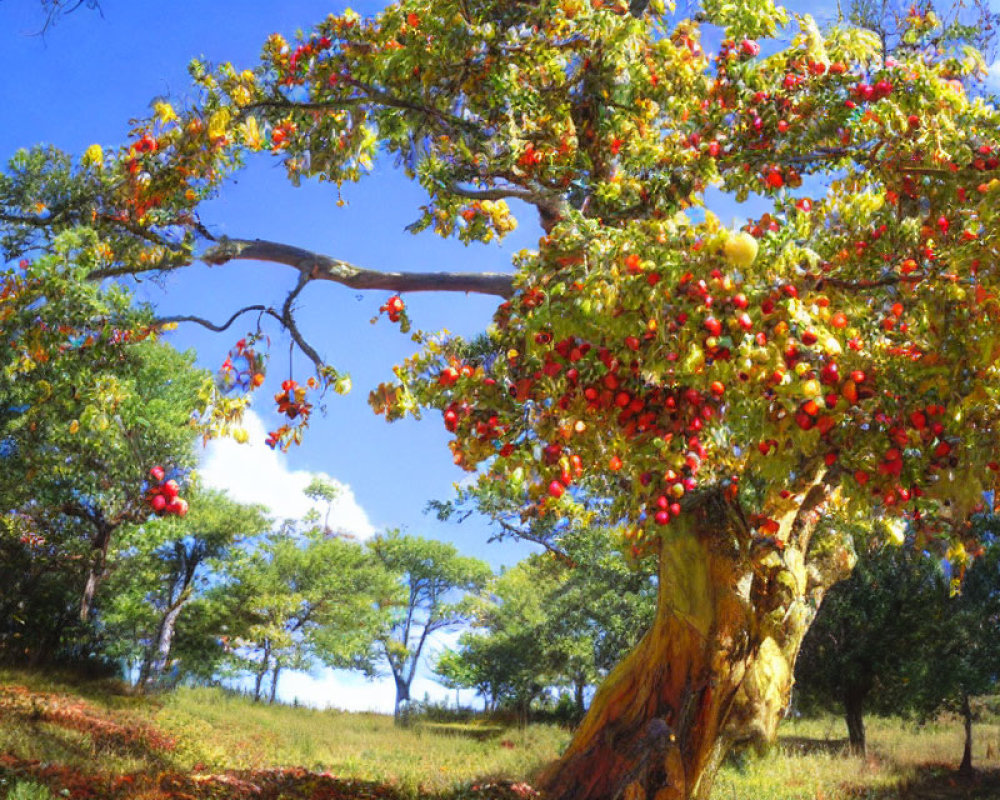Colorful tree with red and yellow fruits under blue sky and green surroundings