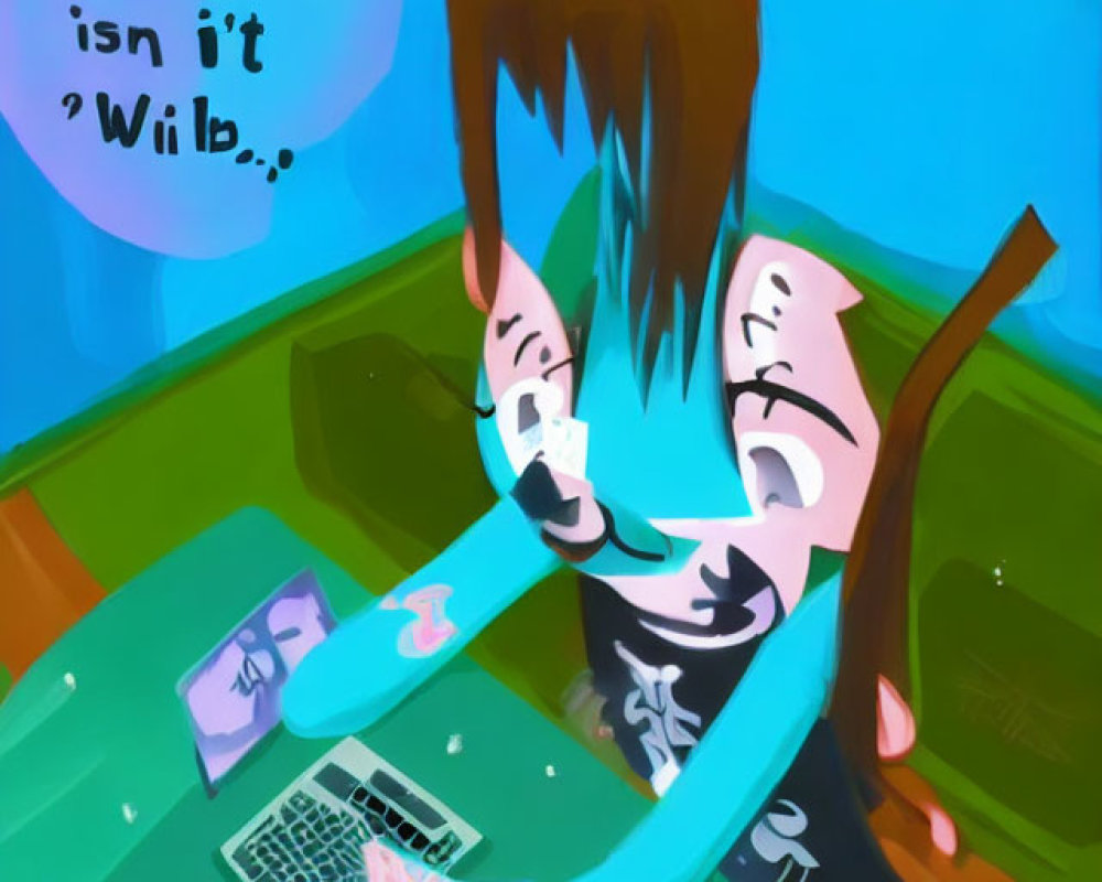 Vibrant illustration: Bearded man with glasses on laptop in pool with water pouring, surrounded by