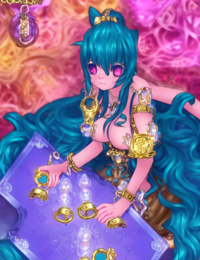 Vibrant character with blue hair and pink eyes examining jewels on purple surface