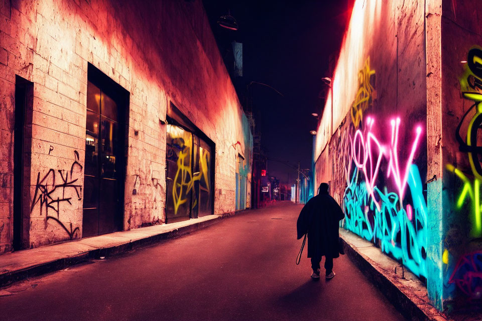 Lonely figure in brightly lit urban alley with colorful graffiti