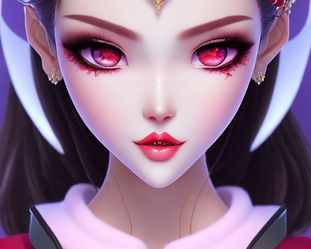 Character portrait with large pink eyes, gold jewelry, red attire, and pink collar