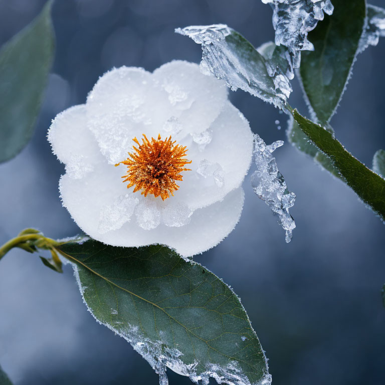 White and Orange Flower Frosted with Ice on Icy Leaves