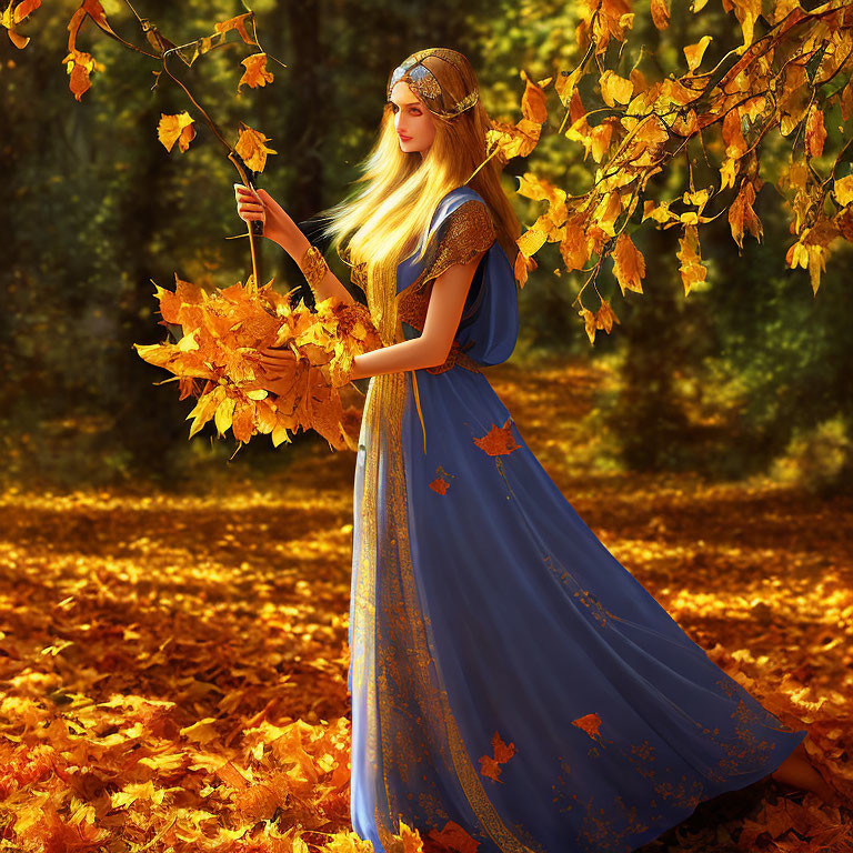 Medieval woman in blue dress under autumn trees with yellow leaves.