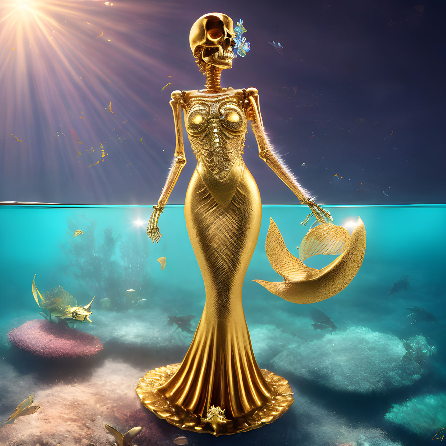Golden skeletal mermaid with human skull surrounded by flowers, fishes, and corals underwater.