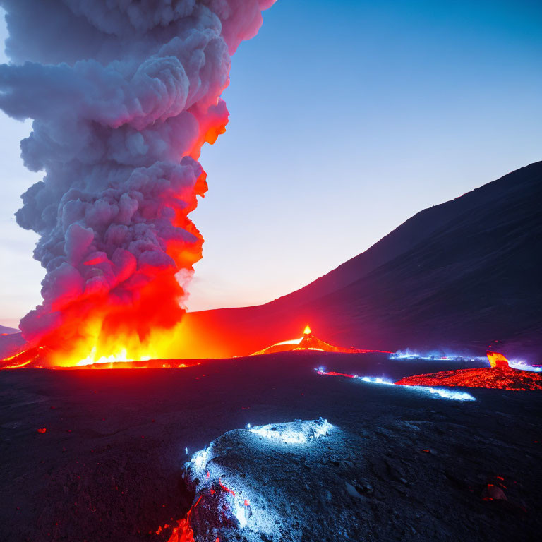 Twilight volcanic eruption with vibrant red and blue hues