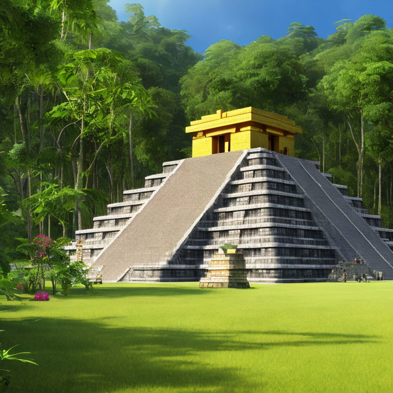 Mesoamerican step pyramid in lush forest with gold temple - 3D rendering