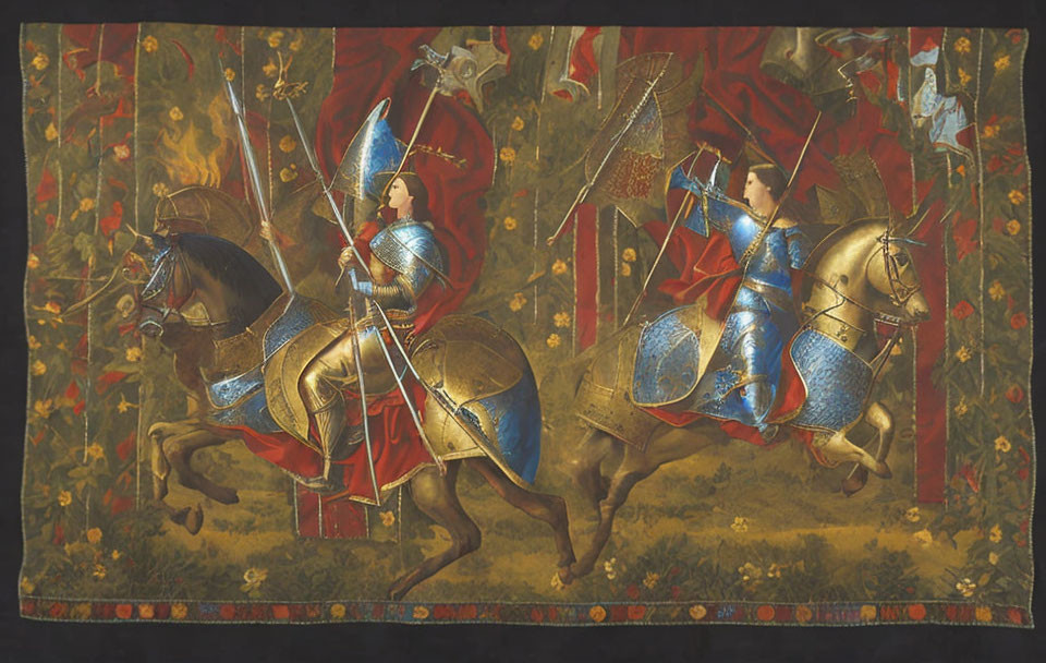 Medieval knights on horseback with lances in red and gold tapestry.