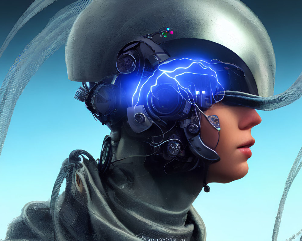 Futuristic digital artwork of person with glowing blue helmet on abstract blue background