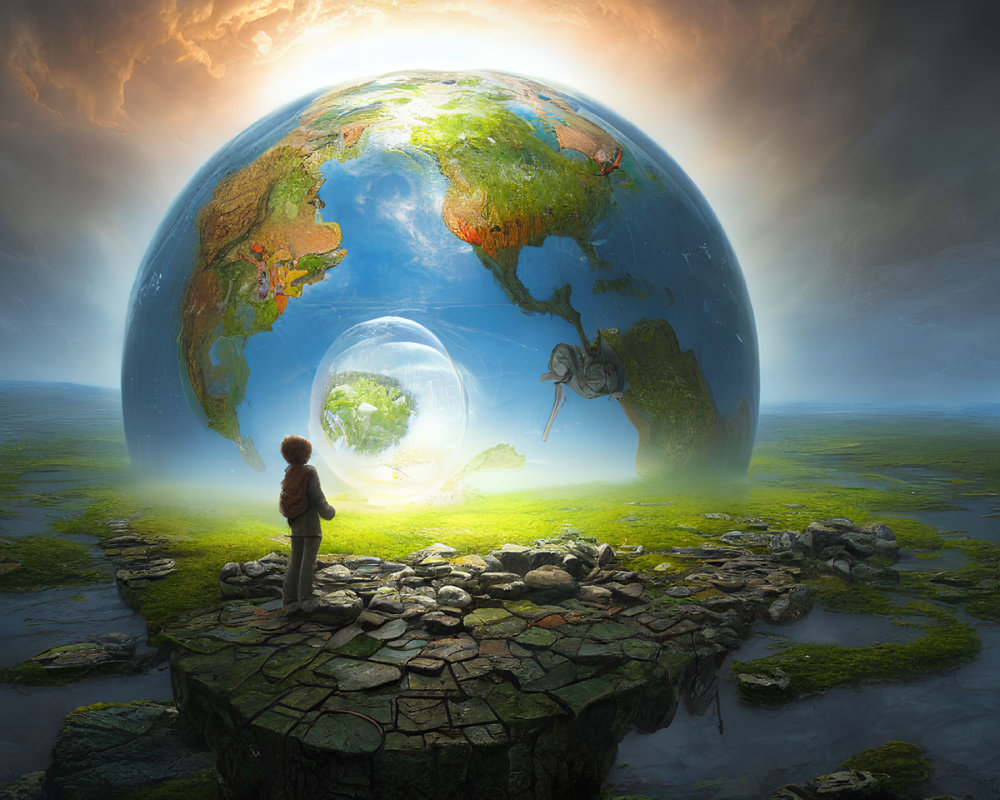 Child on fragmented land platform gazes at glowing Earth with floating person in bubble