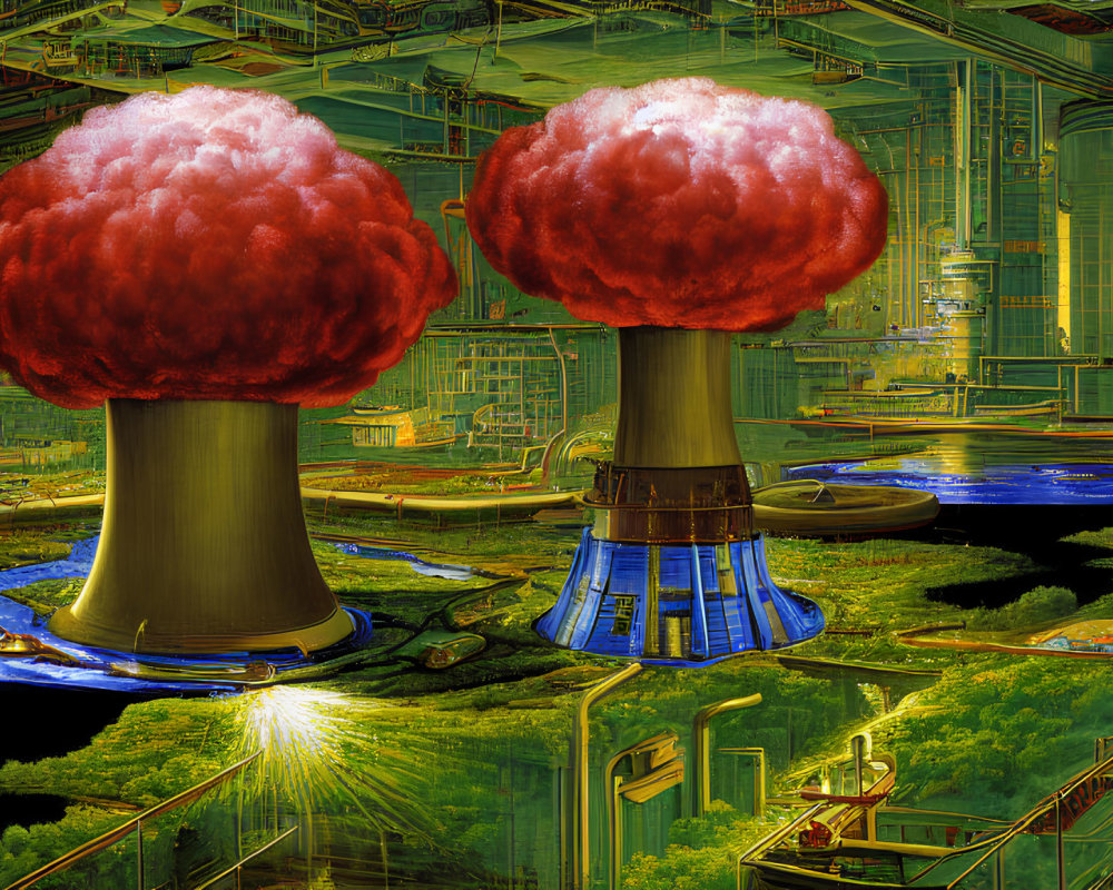 Industrial facility explosions with futuristic structures.