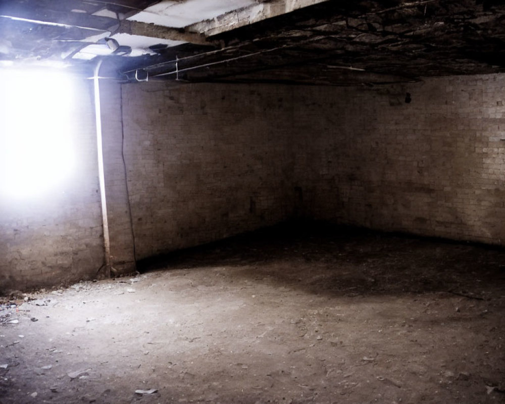 Basement with Exposed Pipes, Bright Window, Brick Walls, Dirt Floor