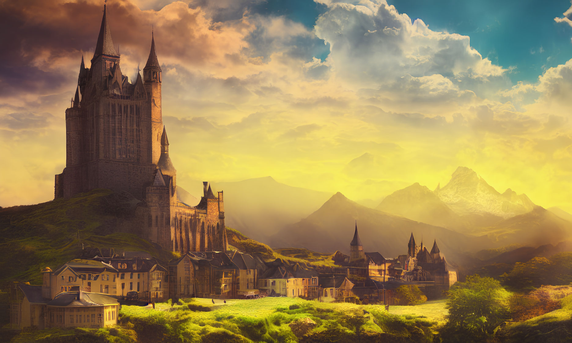 Majestic castle on hill with buildings, mountains, and golden sunset sky