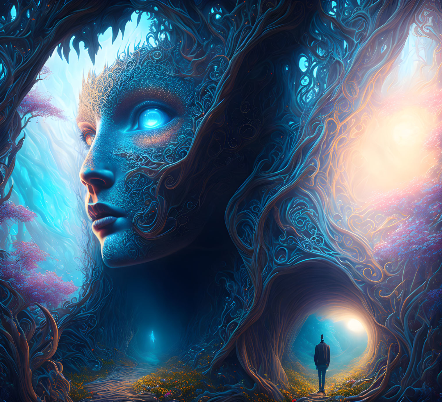 Colorful digital artwork: Blue face with intricate patterns in fantastical tree scenery