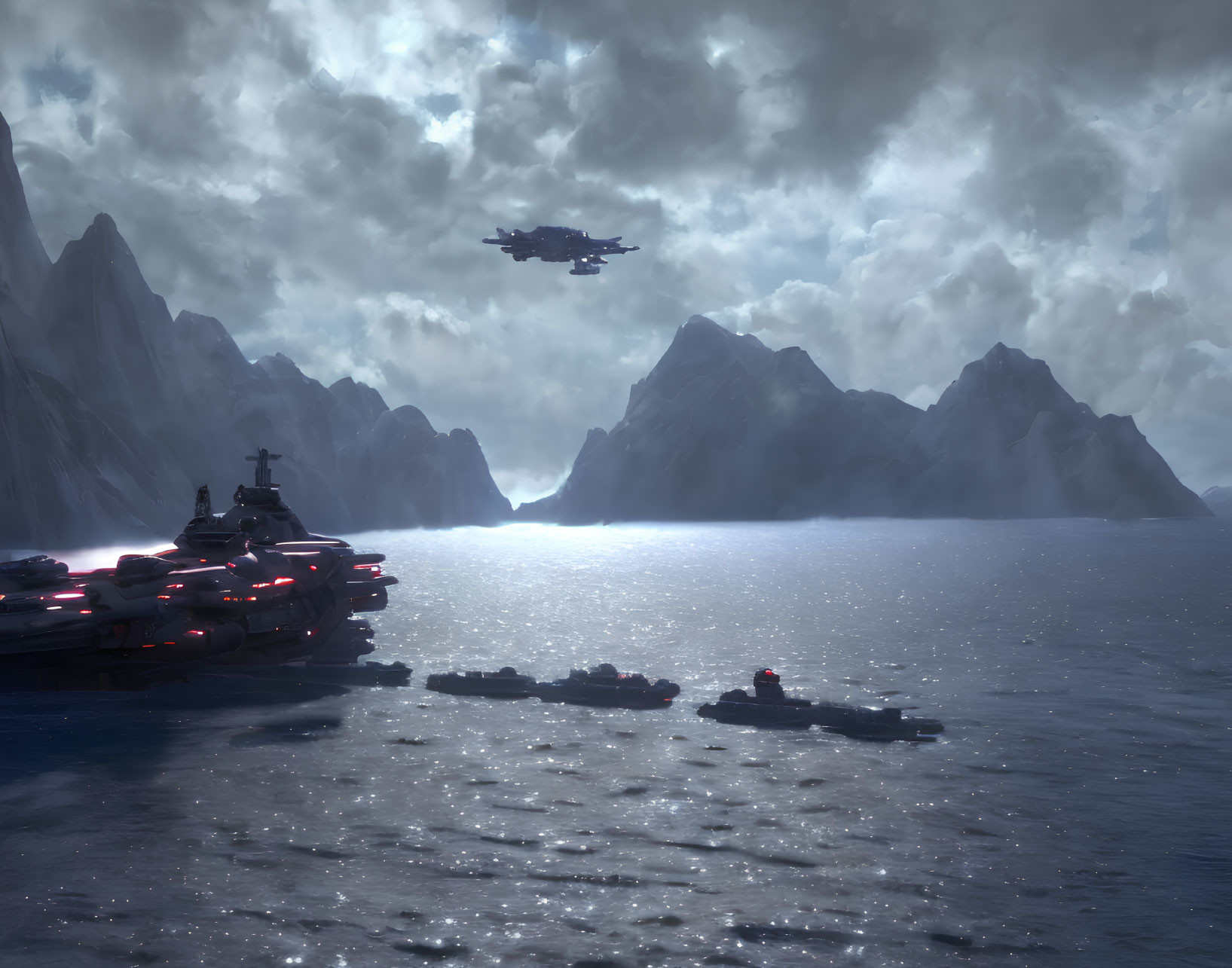 Futuristic naval fleet and flying craft over icy waters and snow-covered mountains