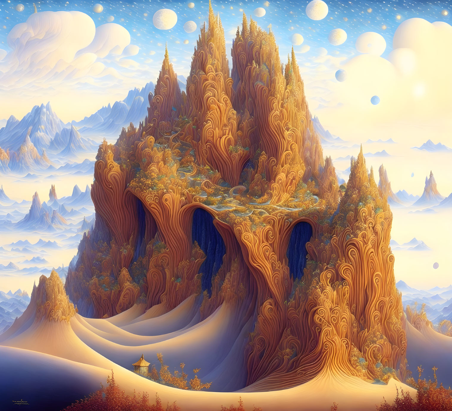 Whimsical landscape with spiral mountain and floating orbs