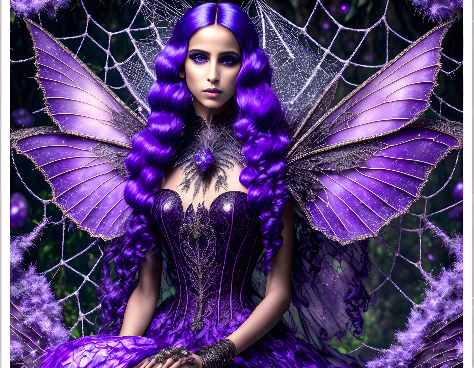 Woman with Purple Hair and Butterfly Wings in Gothic Dress Surrounded by Spider Webs and Violet Foli