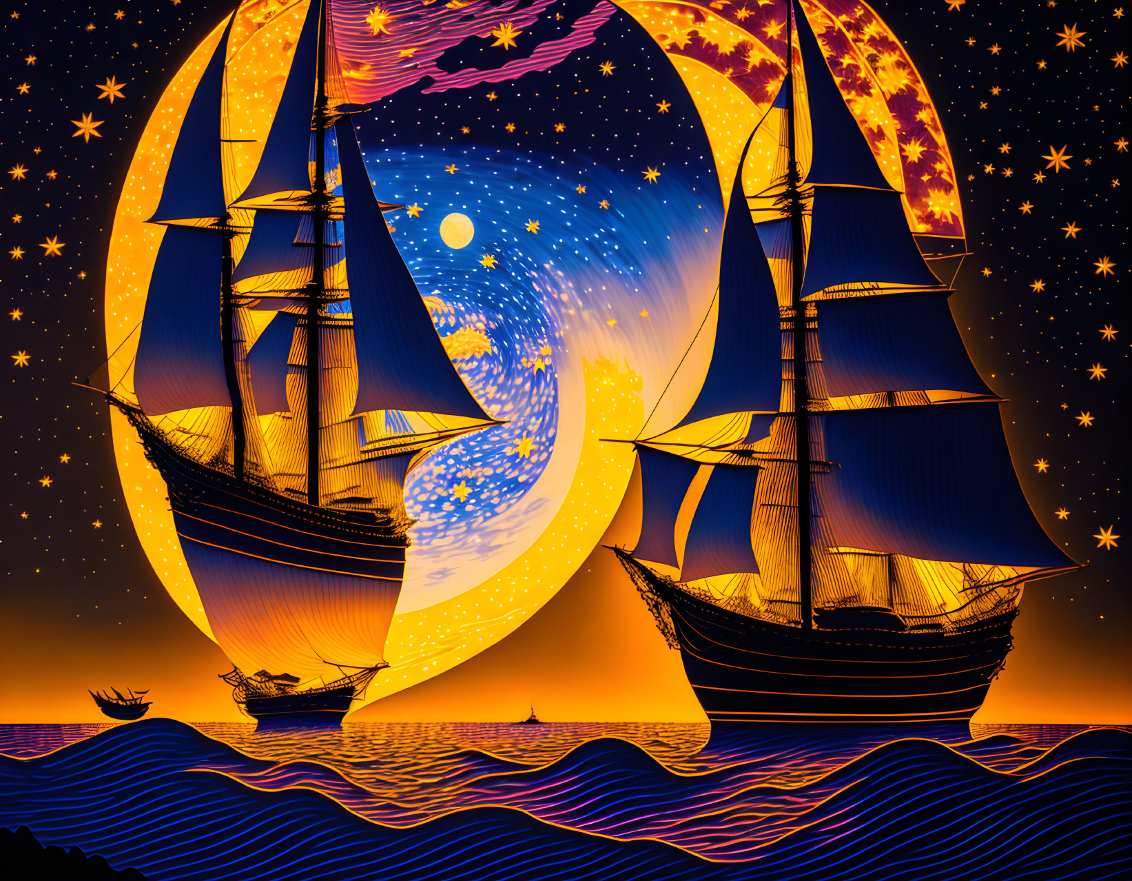 Surreal sailing ships on swirling sea with starry night and sunset sky merging.