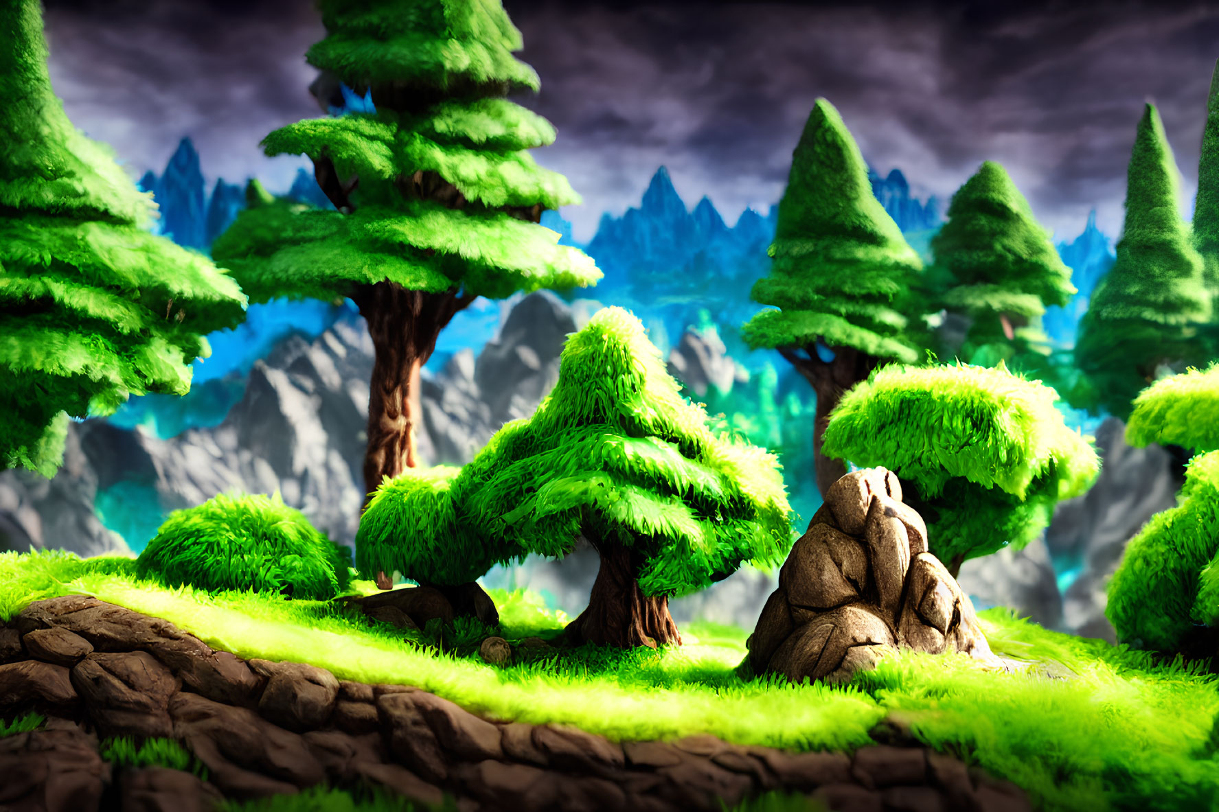 Stylized forest scene with lush green foliage, grassy terrain, rocky mountains, and dynamic cloudy