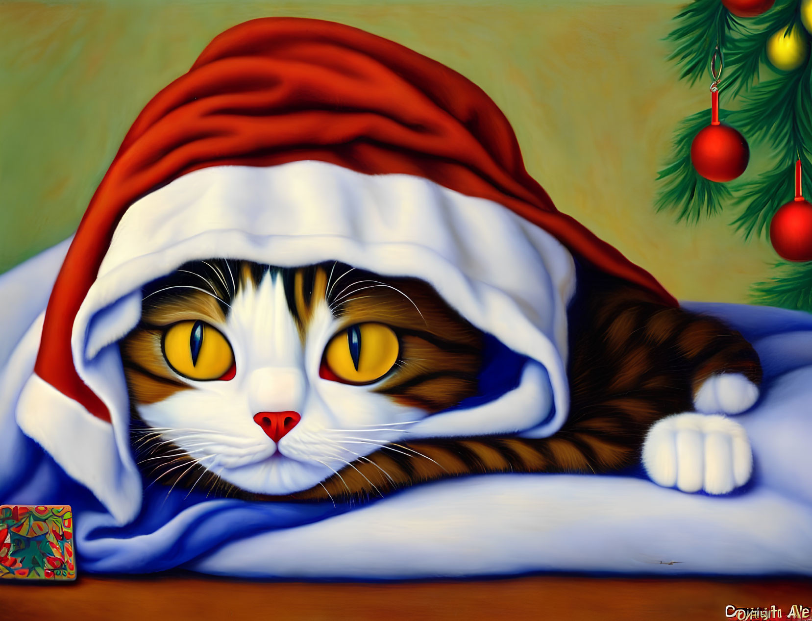 Tabby cat with yellow eyes in Santa hat under blanket with Christmas decor