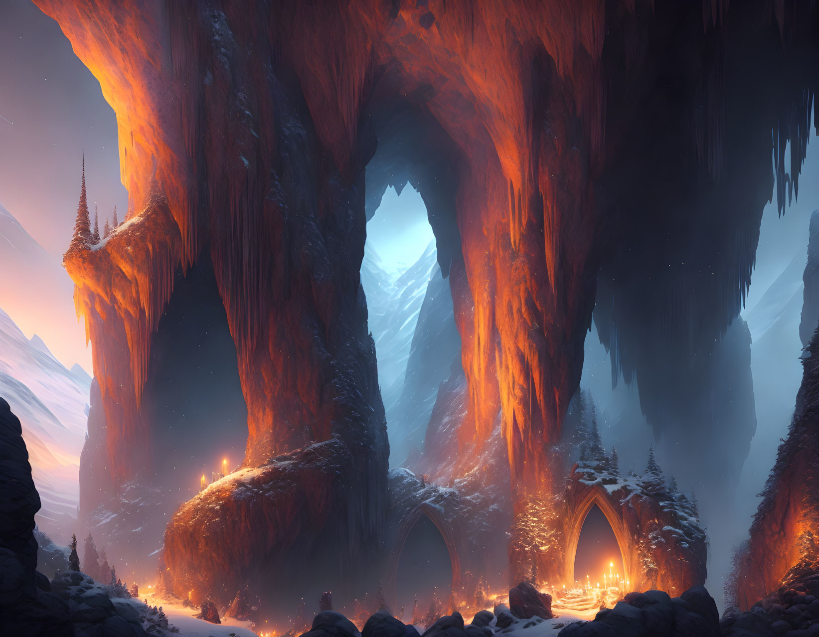 Mystical cave with fiery-red stalactites, glowing river, arching gateways.