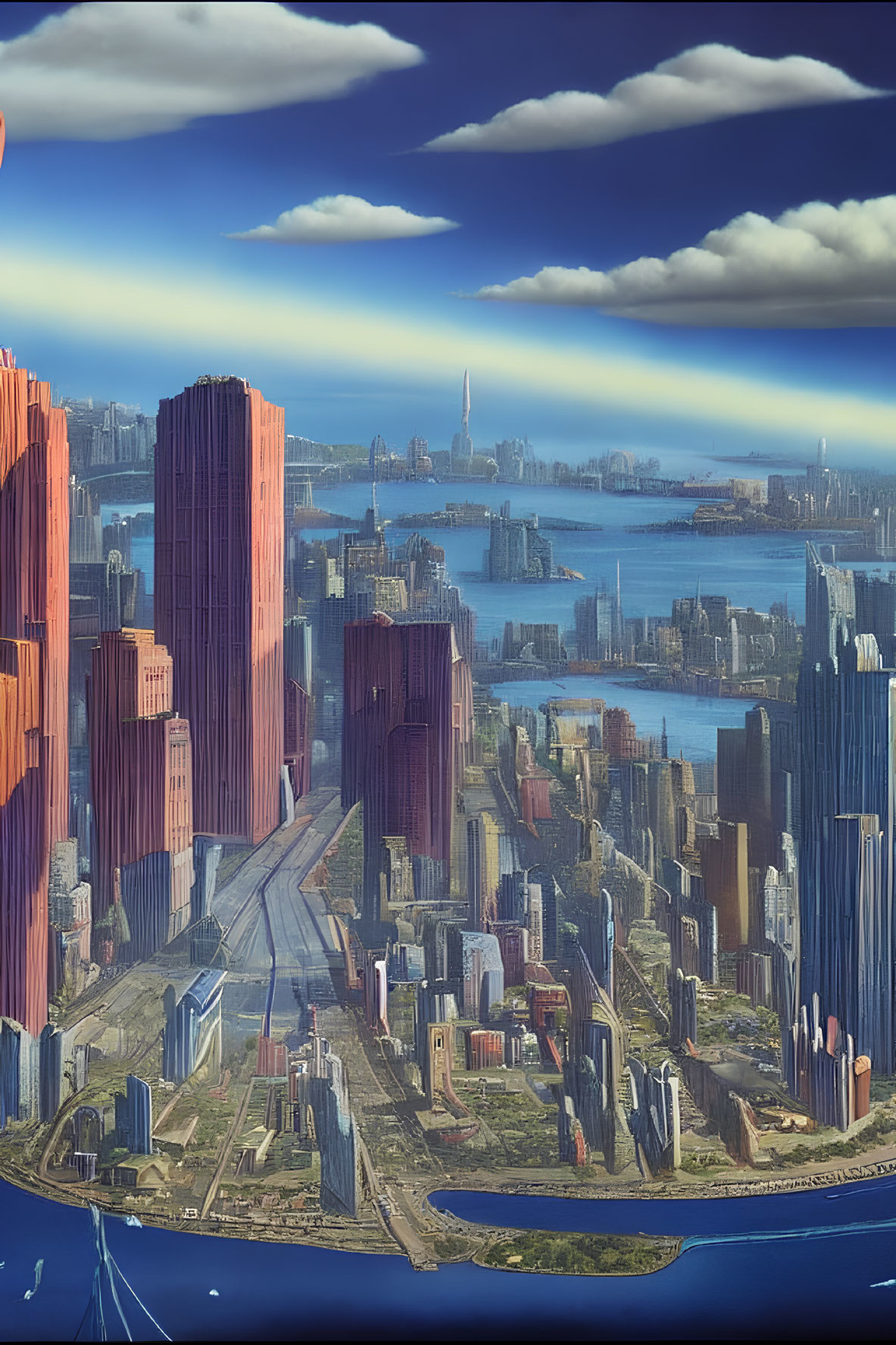Futuristic cityscape with towering skyscrapers and central avenue under blue sky