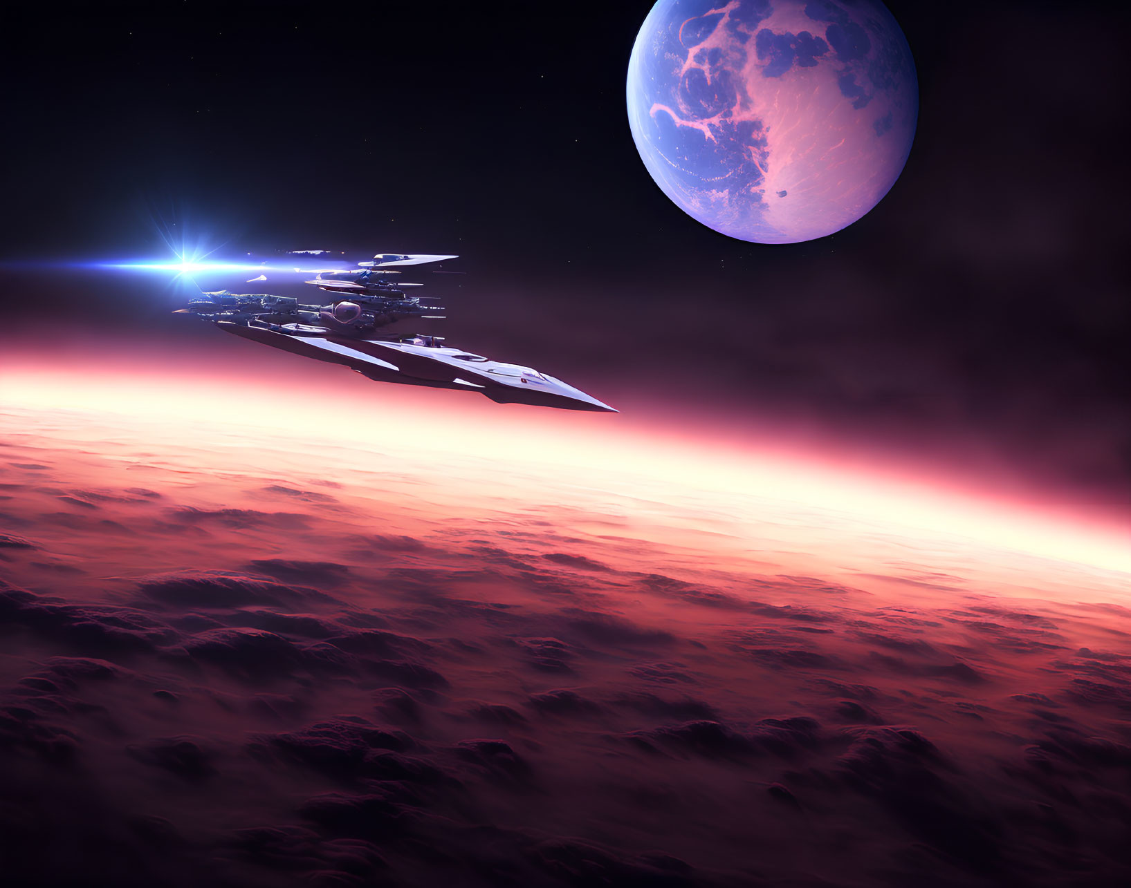 Sci-fi spaceships above alien planet with Earth-like world and star
