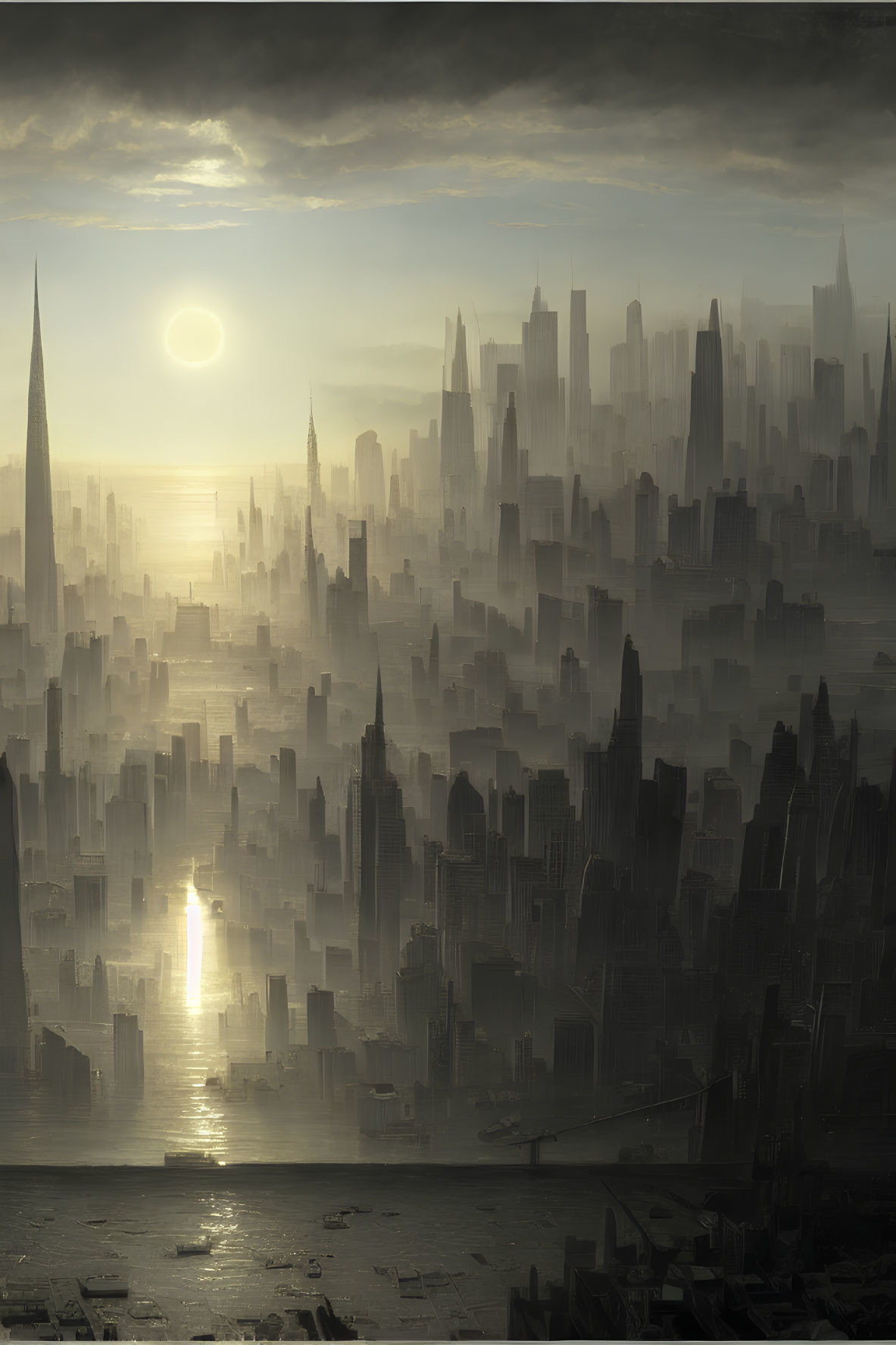 Dystopian cityscape at sunrise with sunbeams and skyscrapers