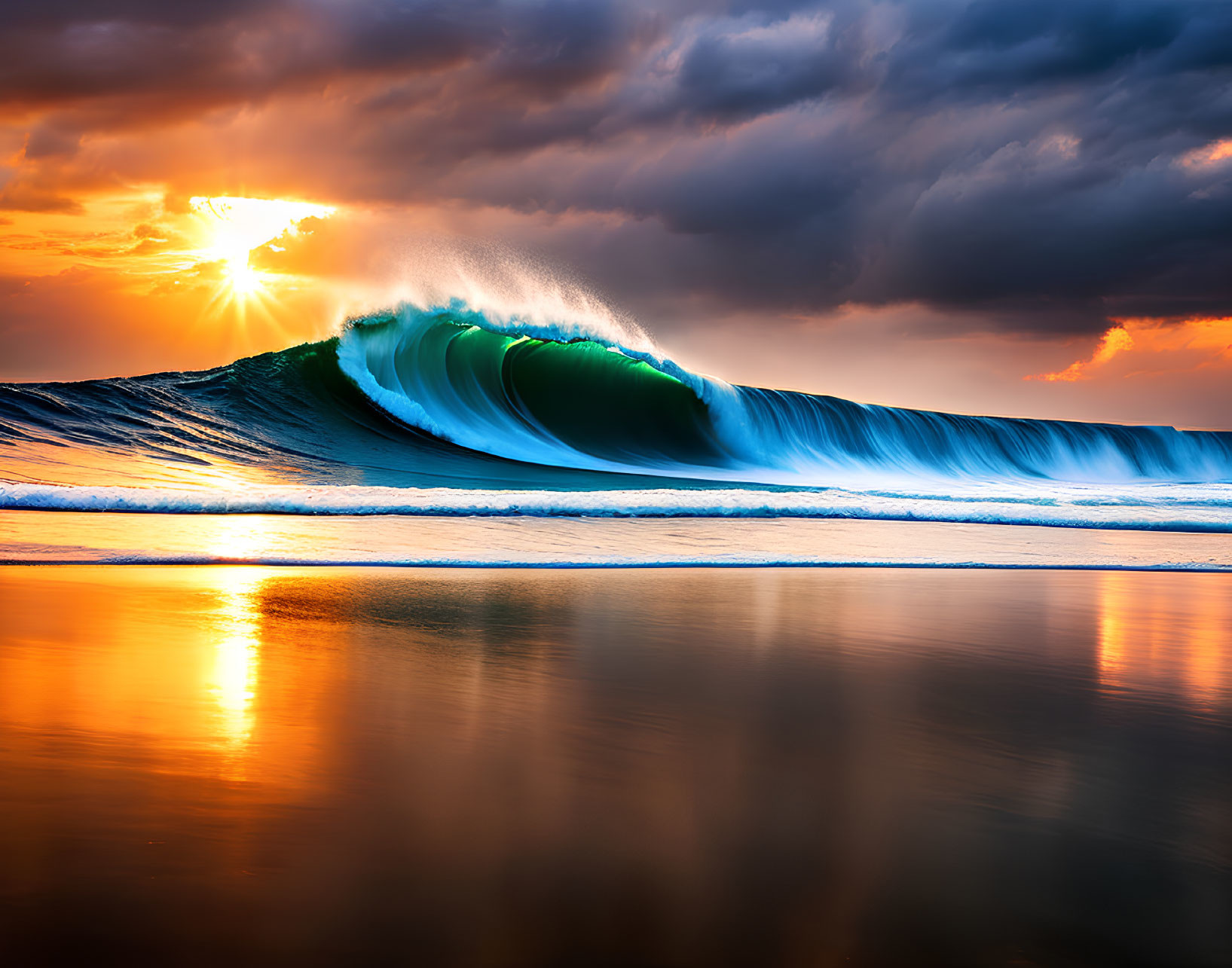 Dramatic sunset with majestic wave and golden light on wet beach