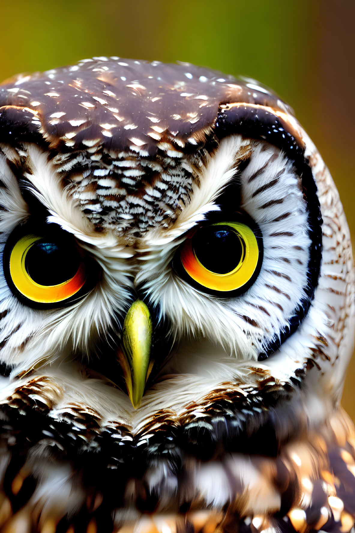 Detailed Close-Up of Owl with Intense Yellow Eyes and Mottled Plumage