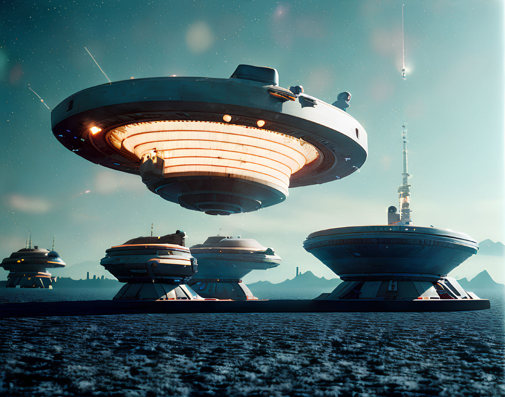 Futuristic saucer-shaped spaceships on snowy landscape at dusk