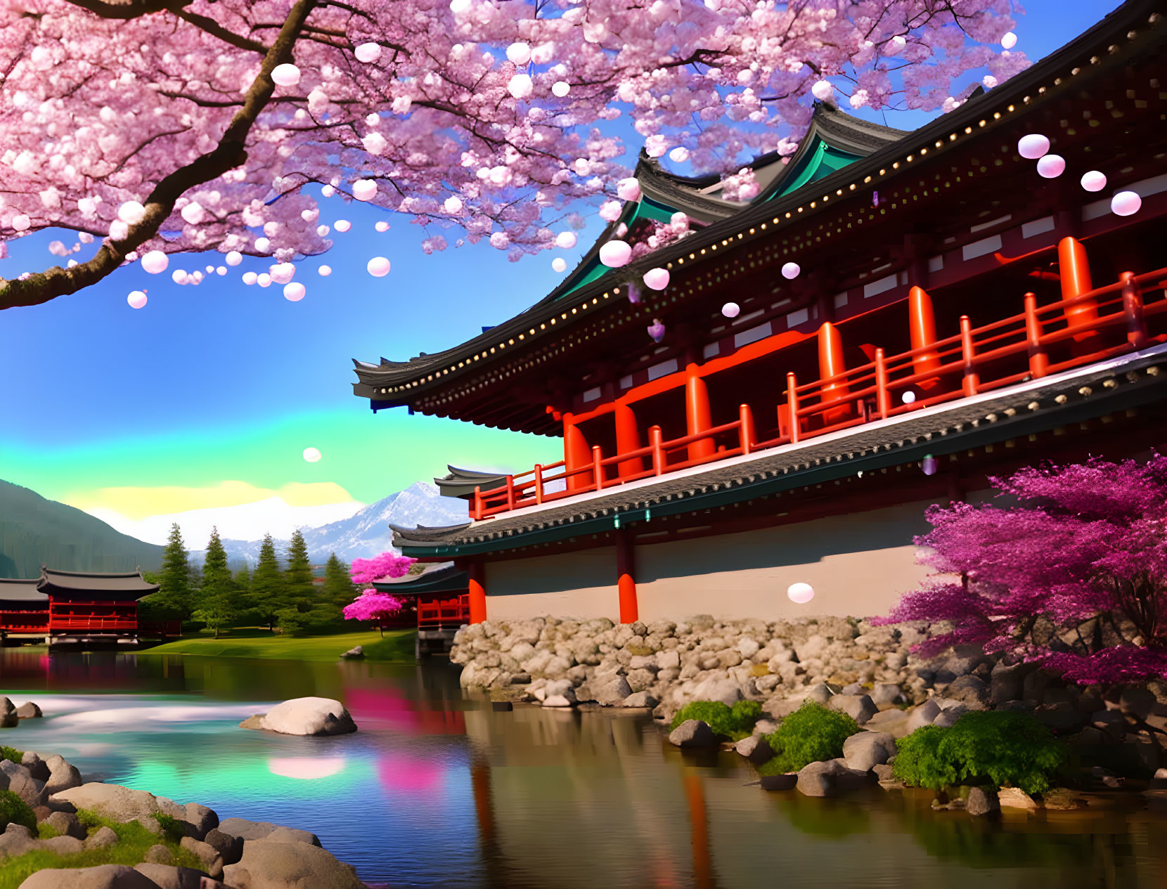Japanese Architecture with Red Pillars Surrounded by Cherry Blossoms, Pond, Mountains, and Blue Sky