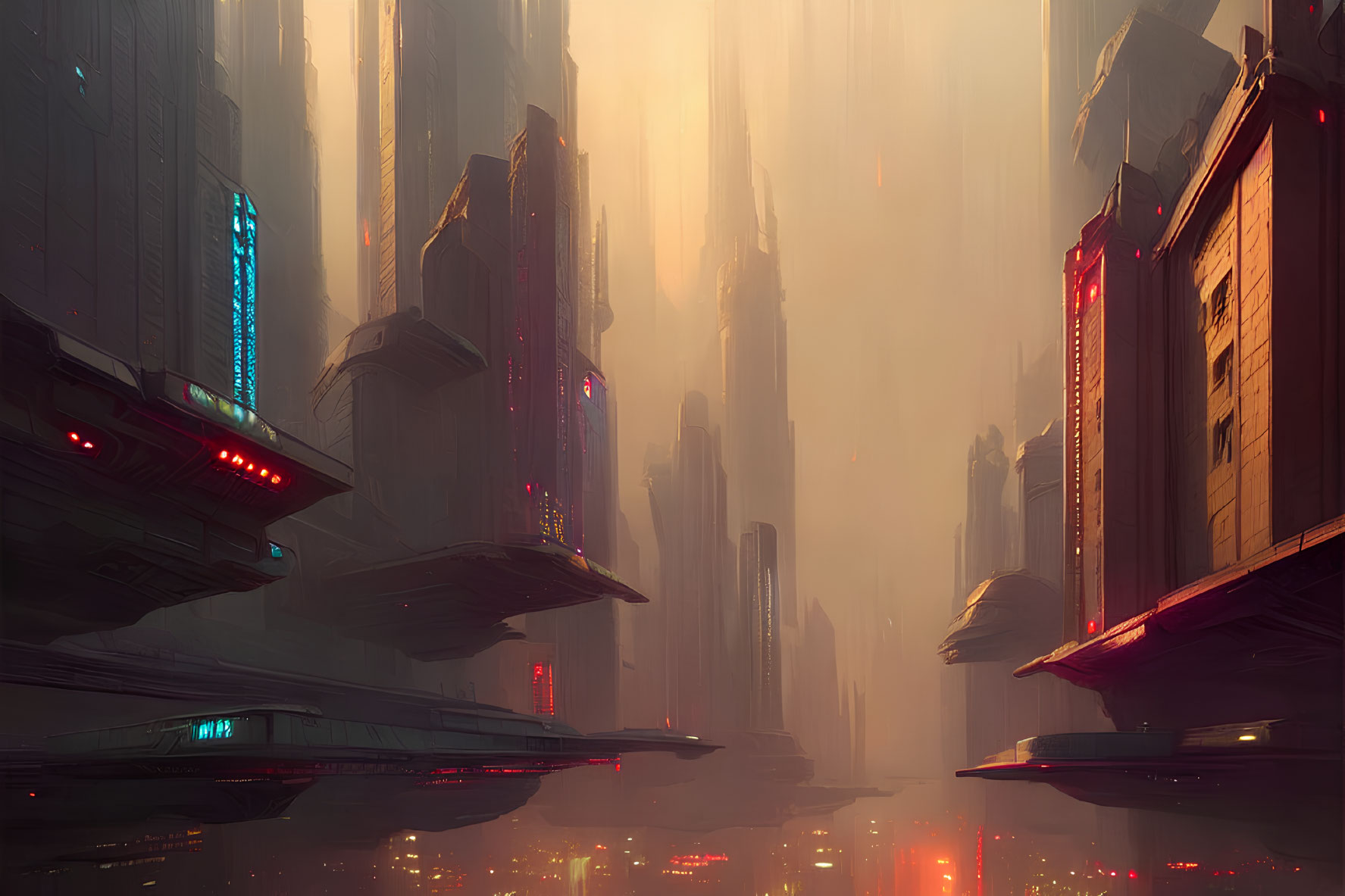 Futuristic cityscape with towering skyscrapers and flying vehicles illuminated by neon lights