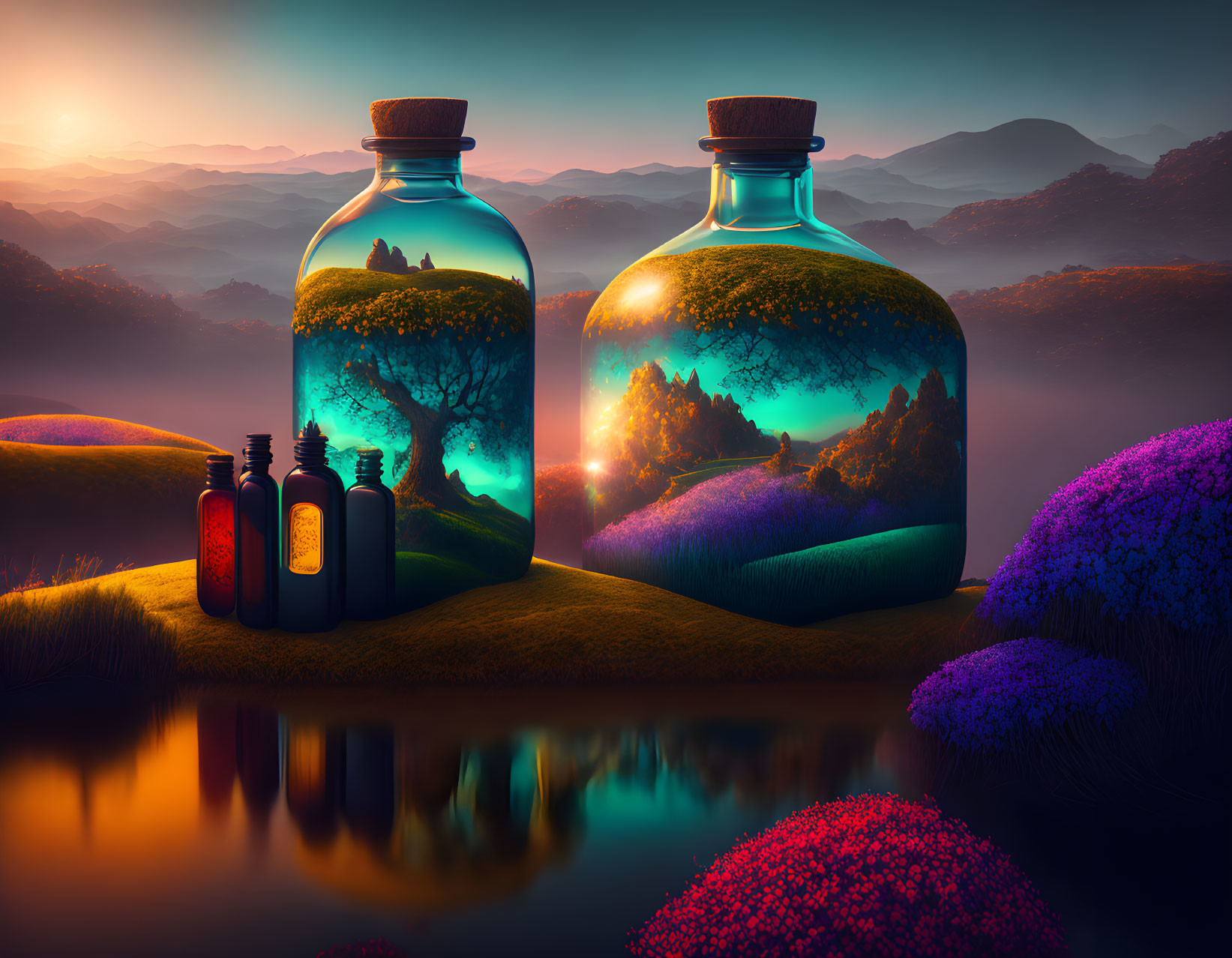Glass Bottles with Mini Landscapes on Hill Overlooking Twilight Scene