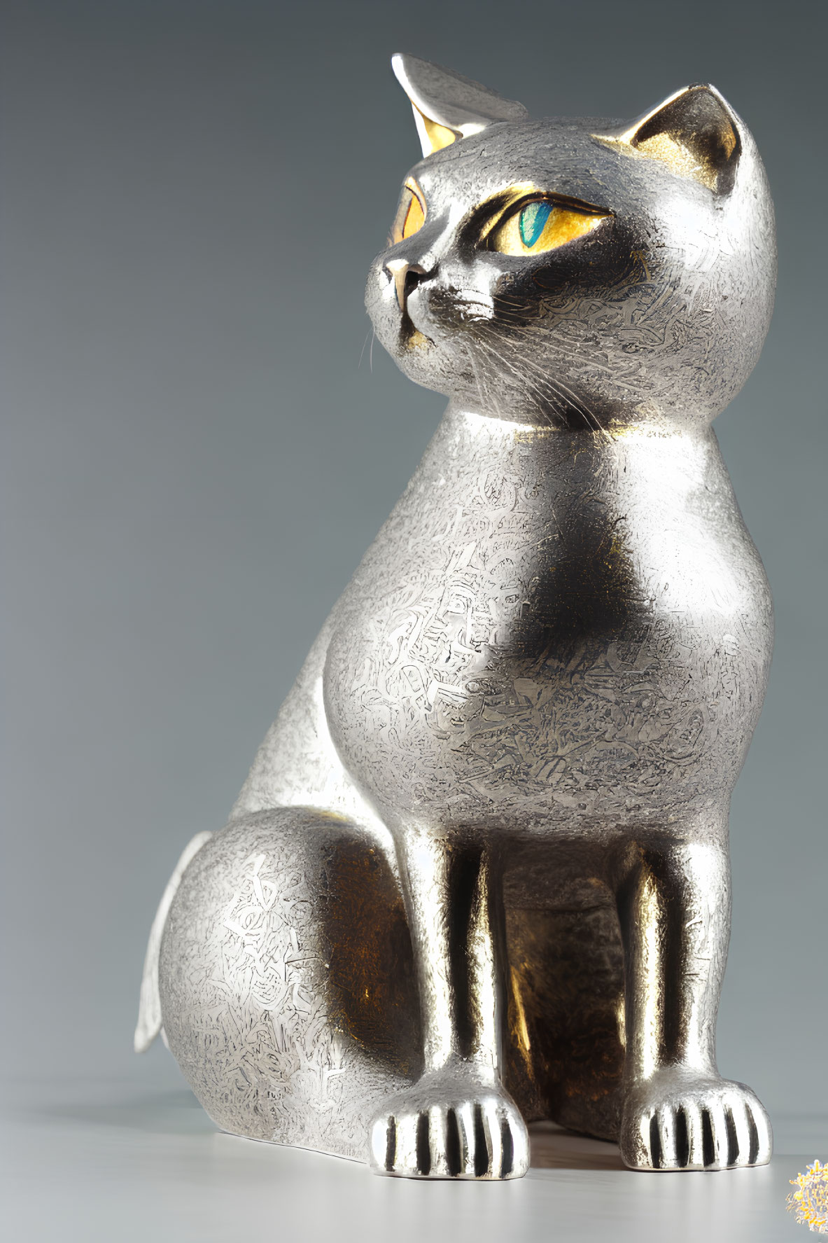 Metallic Cat Figurine with Intricate Etchings and Golden Eyes