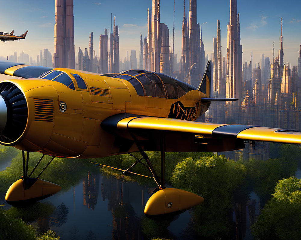 Vintage yellow plane flying over river near futuristic city with skyscrapers.
