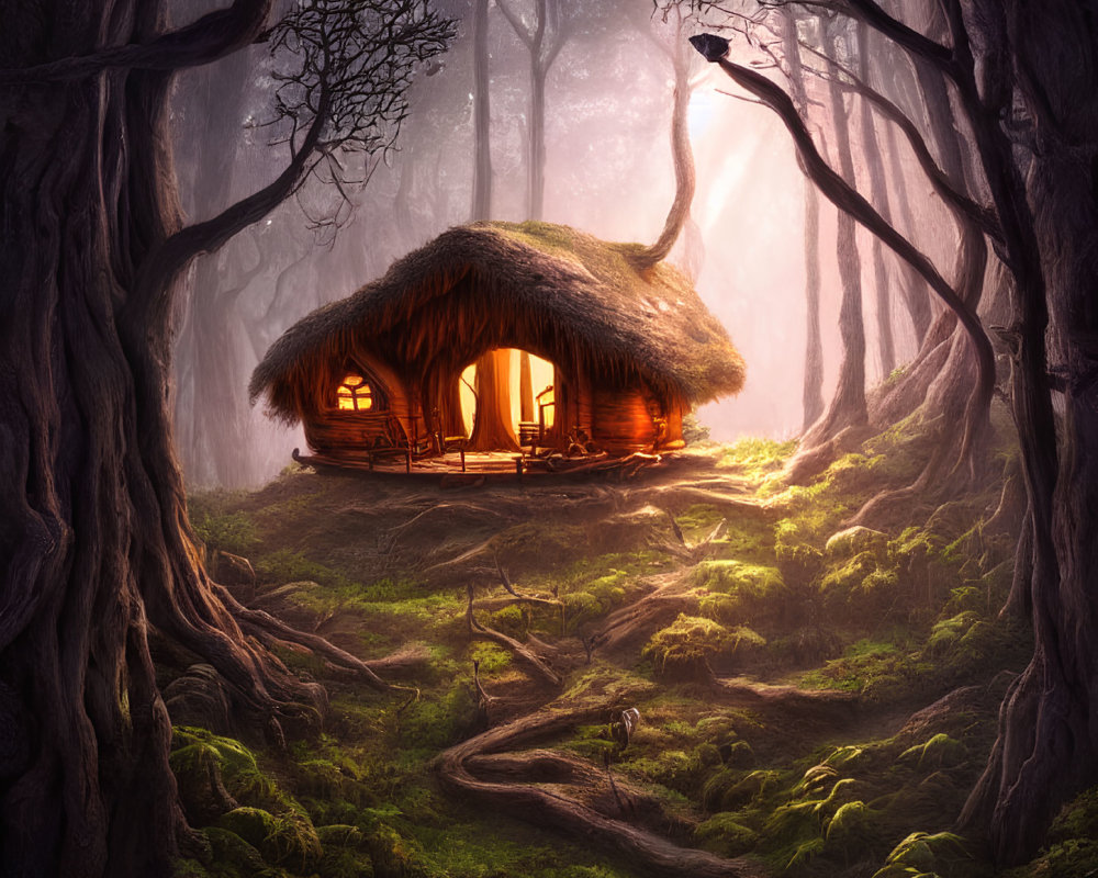 Enchanted forest scene with quaint thatched cottage