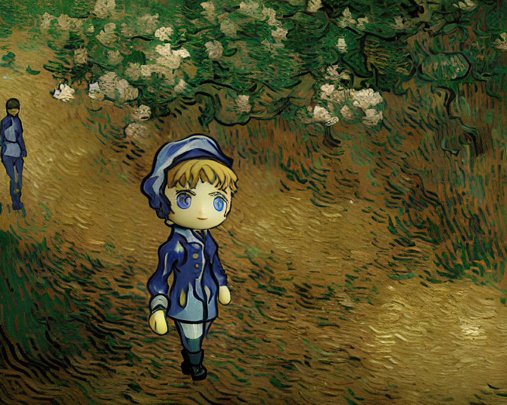 Child in Blue Clothes Walking on Path with Impressionist Greenery