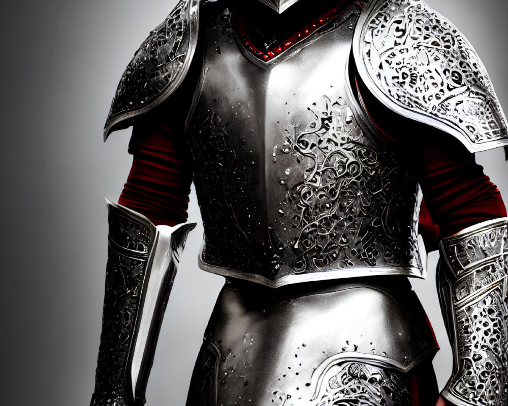Medieval knight in ornate armor with sword on grey background