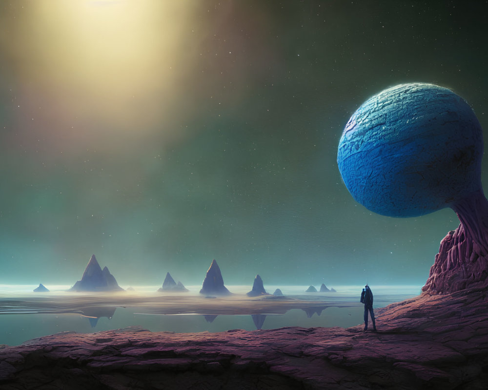 Person on alien landscape with towering spires and large blue sphere under celestial glow