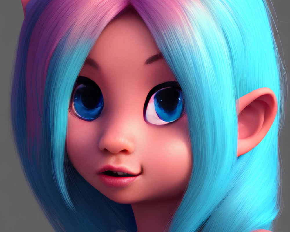 Character with Big Blue Eyes, Pointy Ears & Colorful Hair in 3D Illustration