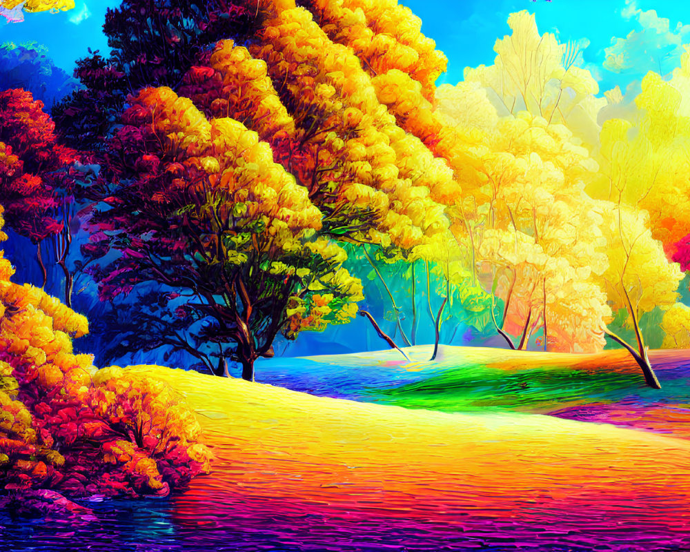 Colorful Autumn Landscape with Vibrant Trees and Undulating Field