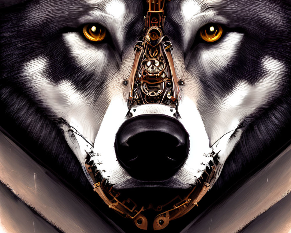 Detailed Illustration of Mechanized Wolf with Metal Parts and Yellow Eyes