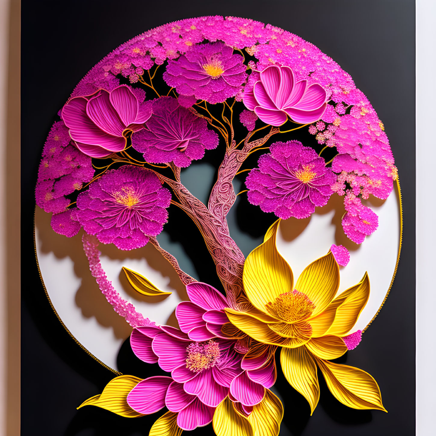 Colorful circular tree artwork with pink and yellow flowers on black background