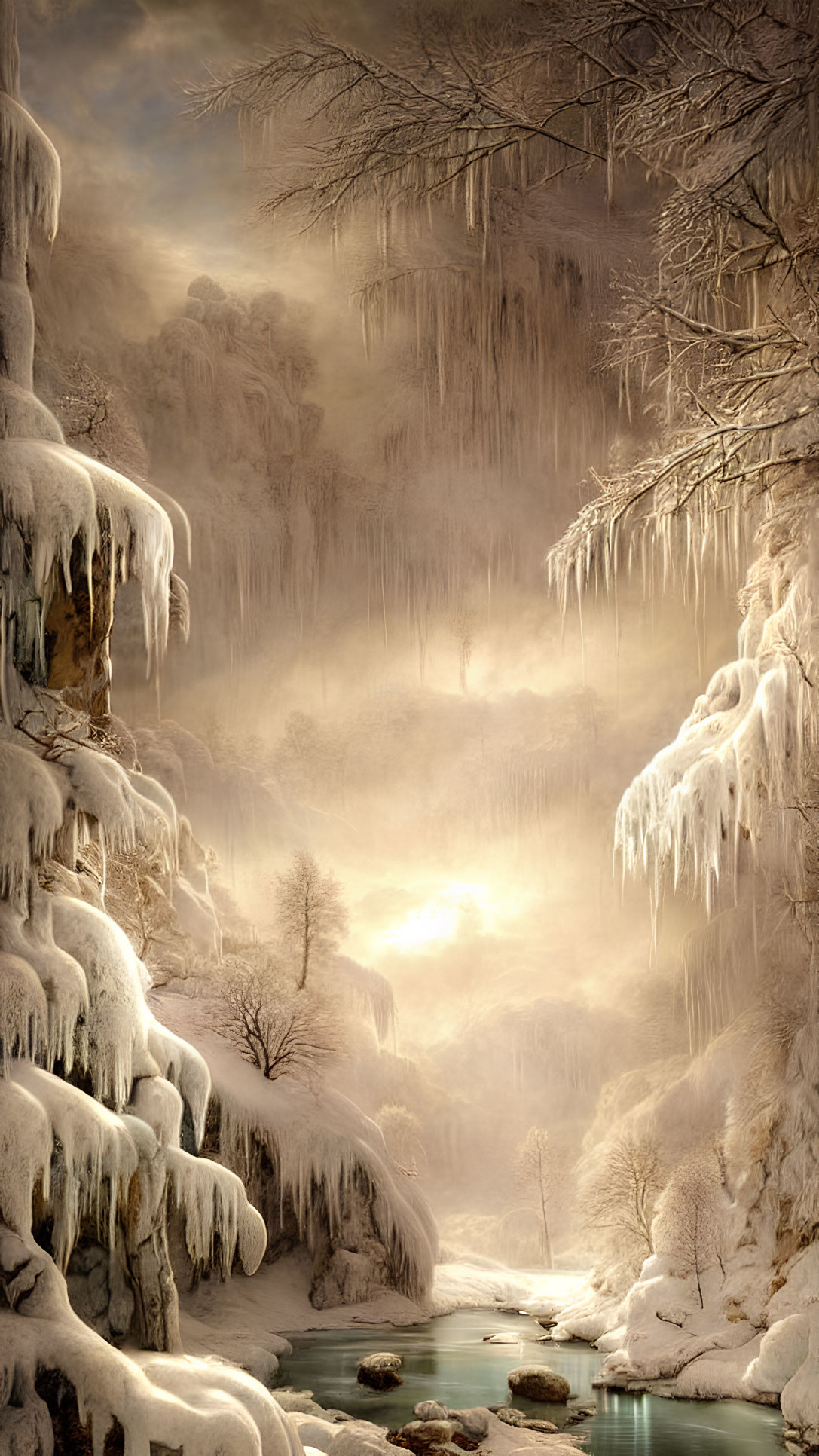 Snow-covered trees, icicles, and a gentle river in a serene winter landscape
