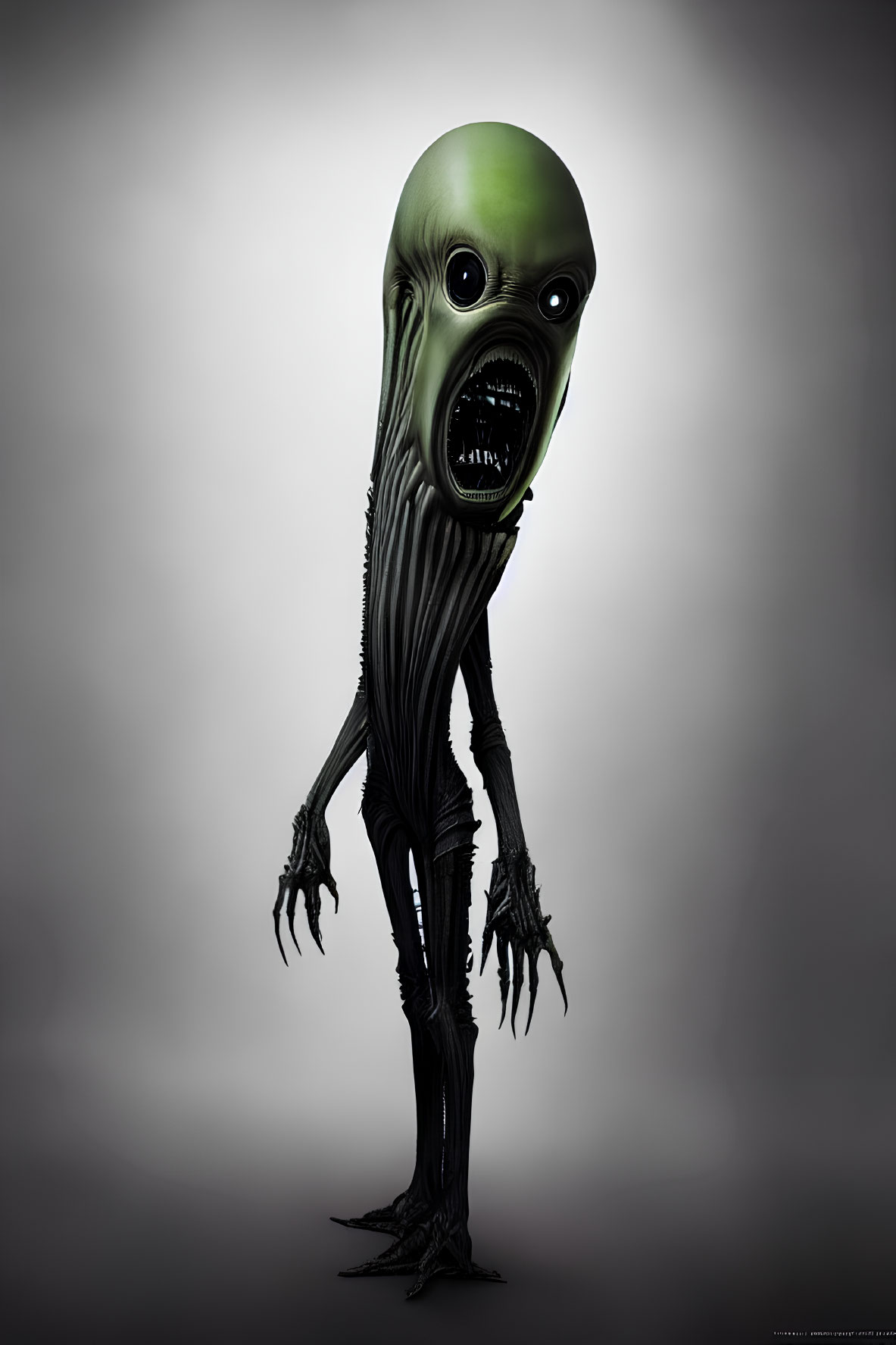 Detailed alien illustration: large green head, black eyes, sharp teeth, elongated arms and legs