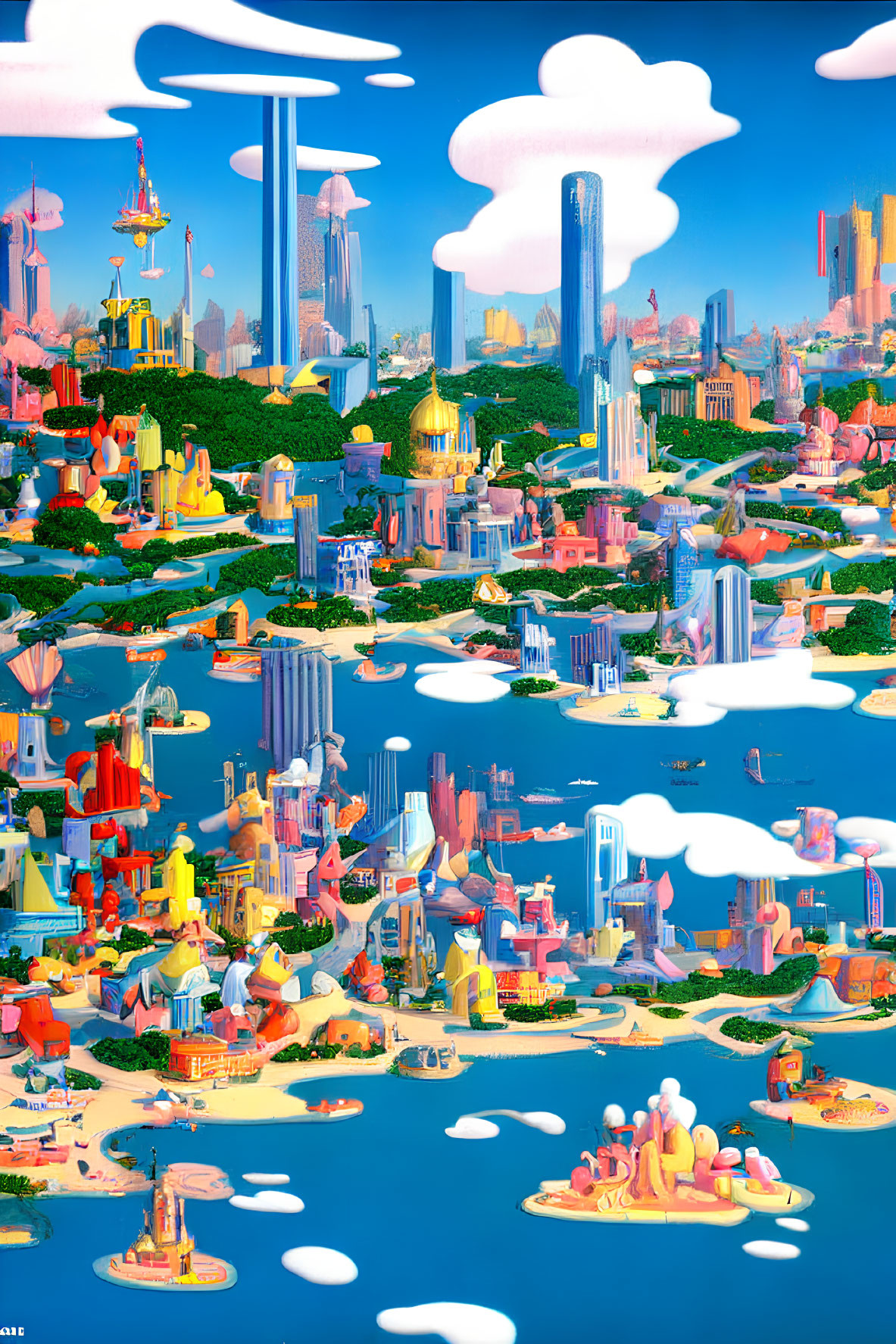 Whimsical cityscape with colorful architecture and floating clouds
