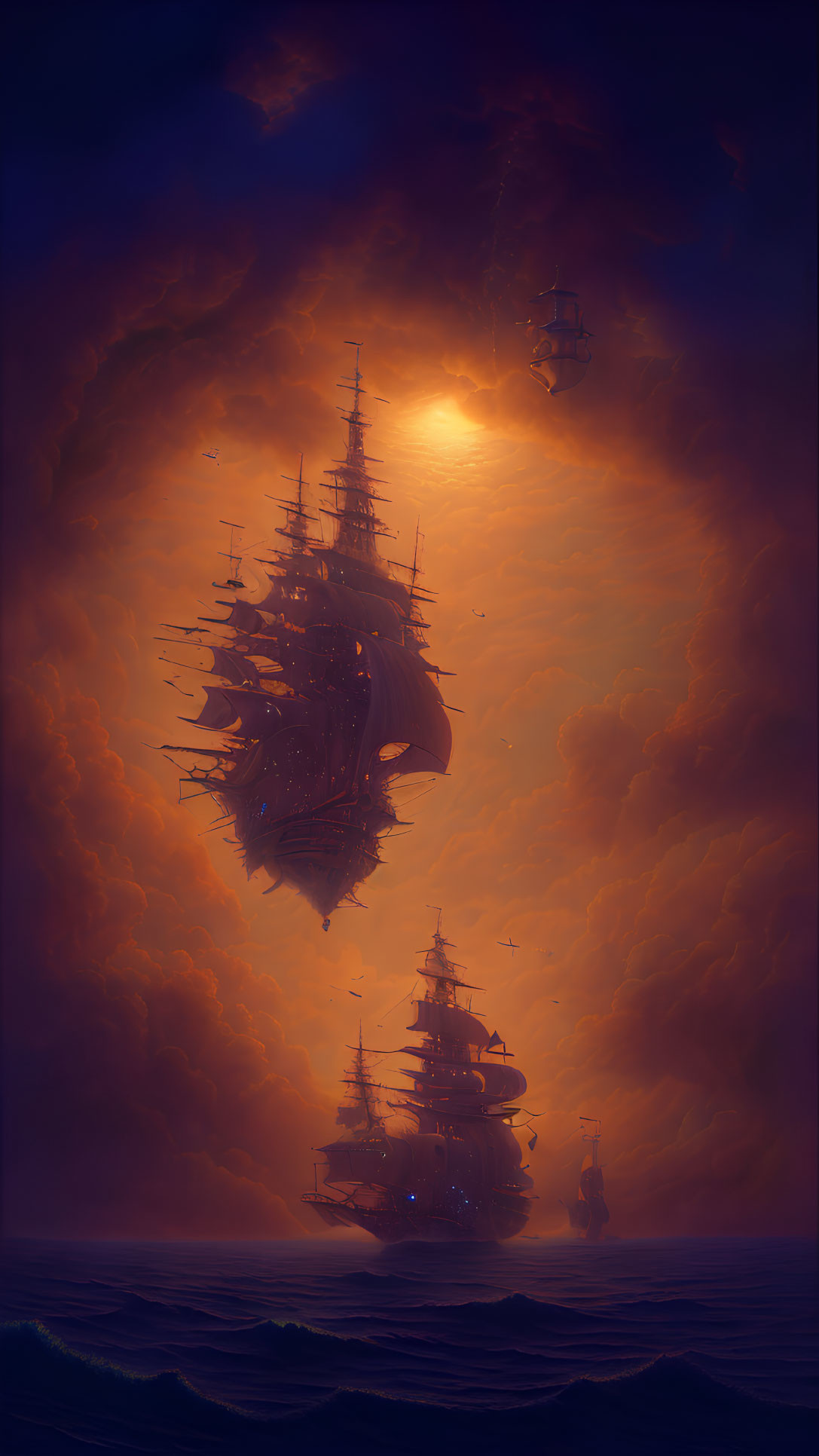 Sailing ships in surreal orange sky with swirling clouds