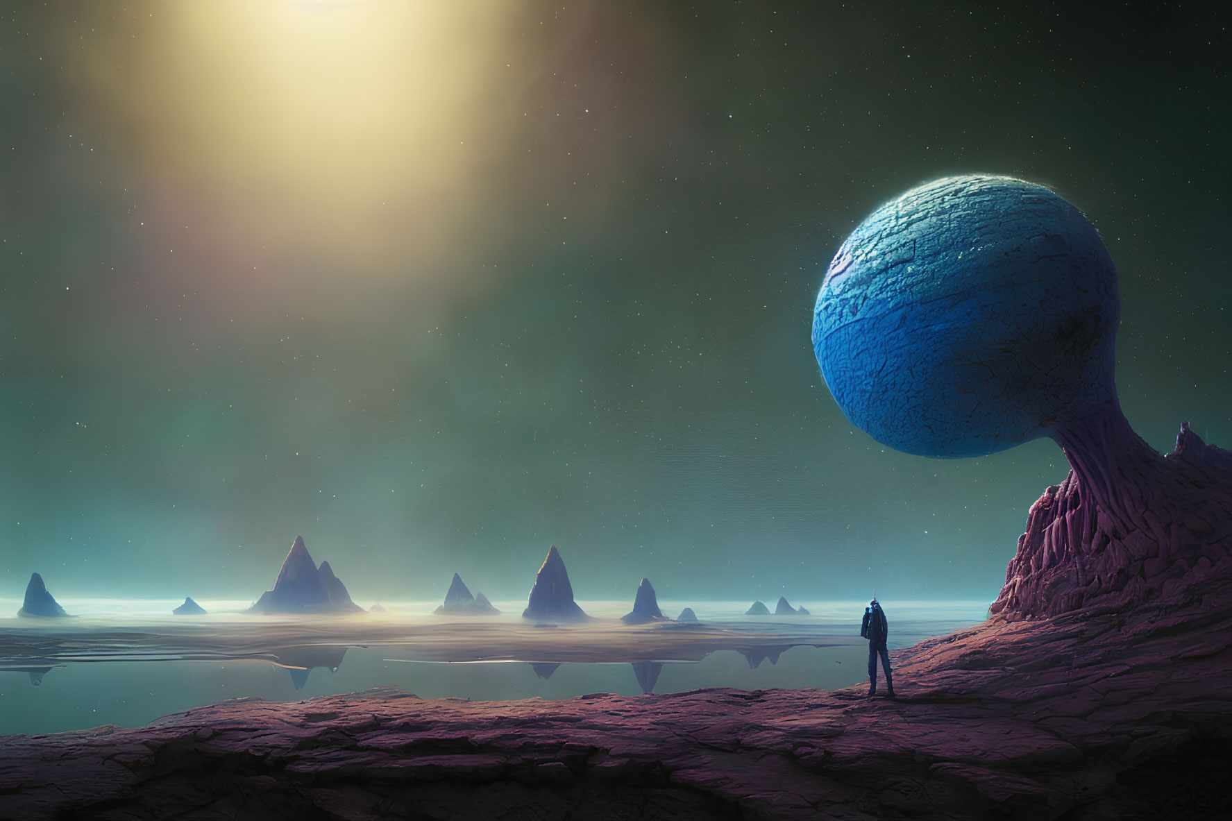 Person on alien landscape with towering spires and large blue sphere under celestial glow