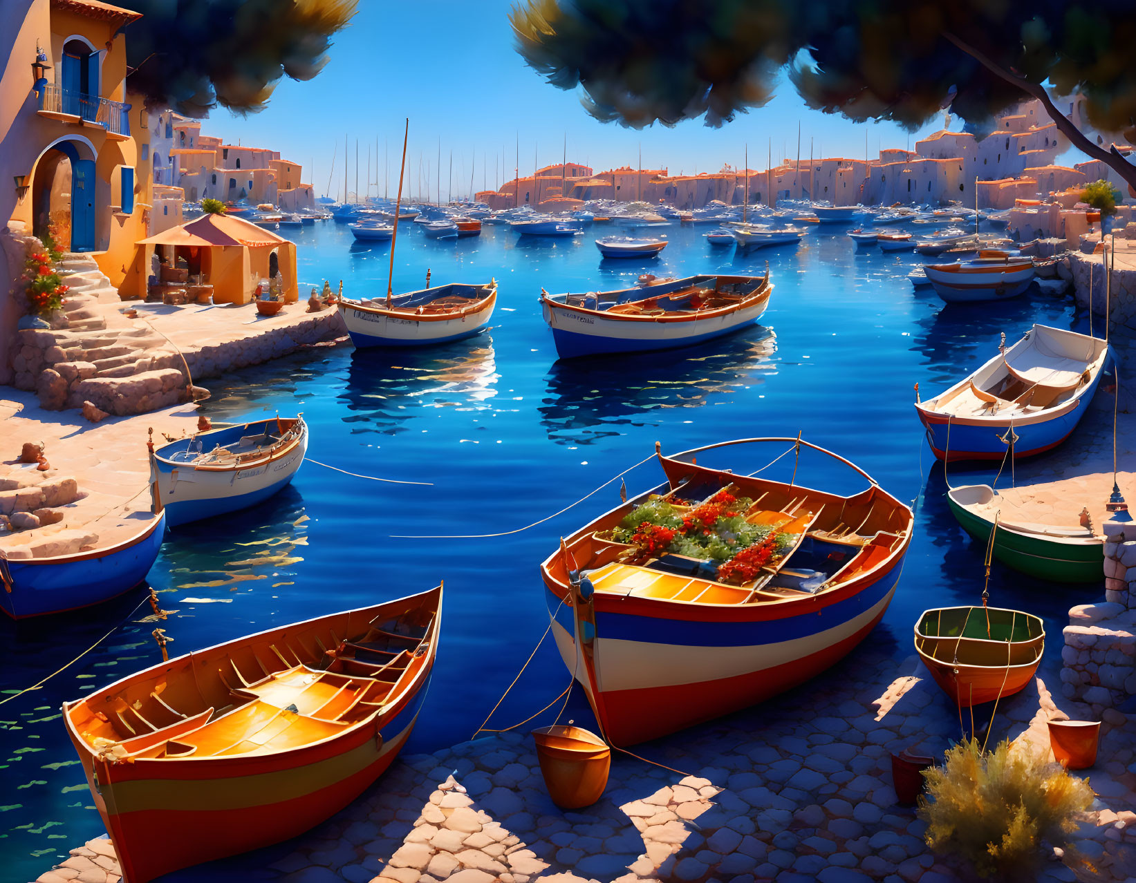 Colorful boats on serene water near charming town with white buildings and terracotta roofs under blue sky